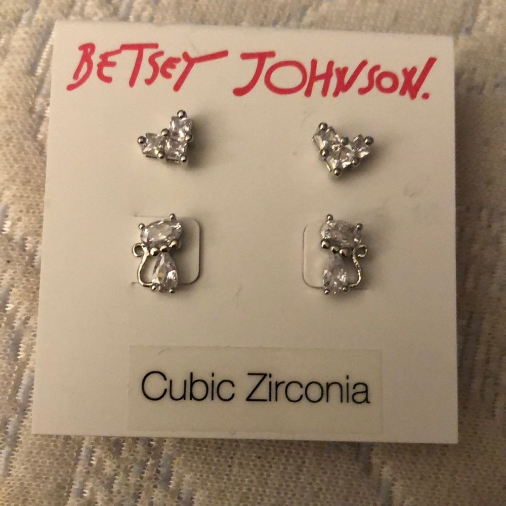 Betsey Johnson Silver Tone Heart & Cat Stud Earring Set CZ Accents NWT